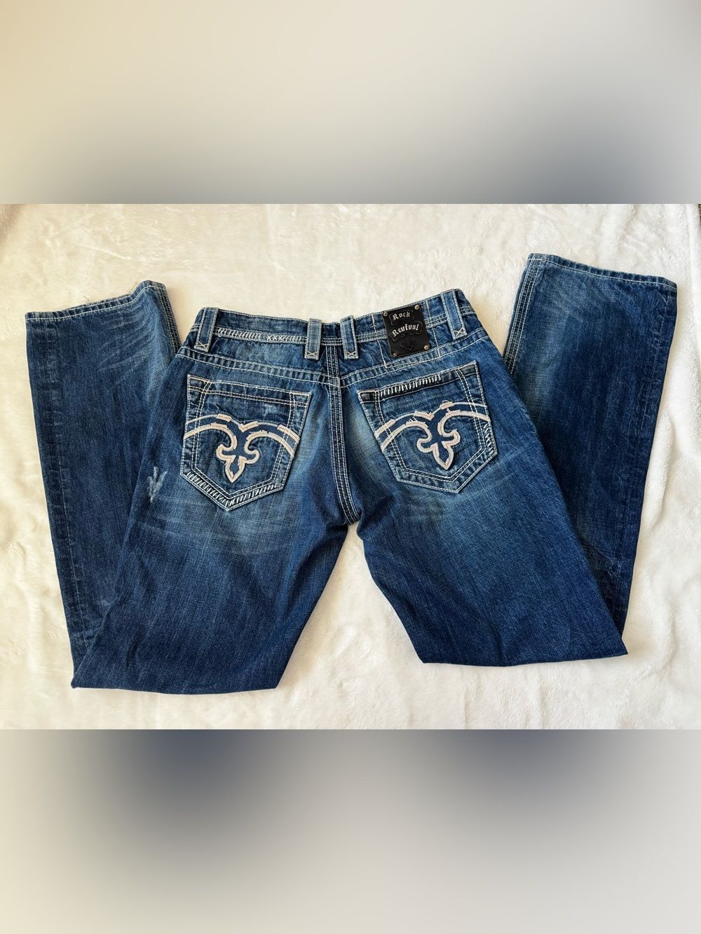 Rock Revival Dark Blue Nathan Relaxed Straight  Jeans with Cream Back Pocket Sti